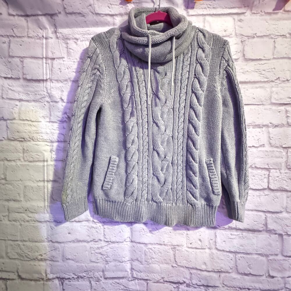 LL Bean Gray Sz L heavy cotton turtleneck sweater pockets semi-cropped preppy